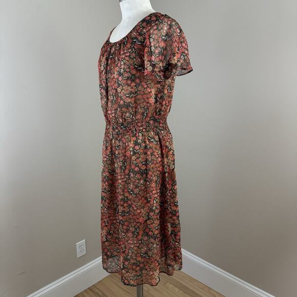 SUNDANCE Womens Dress 4 Floral Smocked Orange Brown Short Sleeve A-Line - Picture 3 of 9